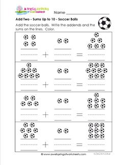 Add 2 - Soccer Balls - Kindergarten Adding Worksheets | A Wellspring
