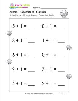 Adding 1 - Seashells - Kindergarten Adding Worksheets | A Wellspring