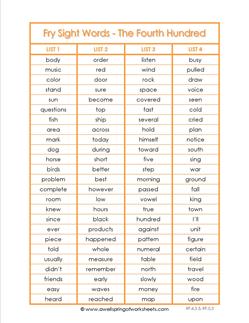 Fry List - The Fourth 100 - 4th Grade High Frequency Words