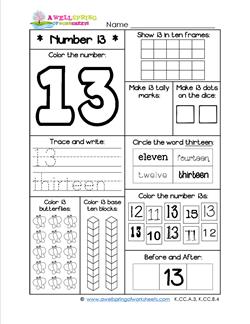 Number Worksheets for Kindergarten | Number 13 Worksheet