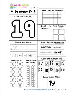 Number Worksheets for Kindergarten | Number 19 Worksheet