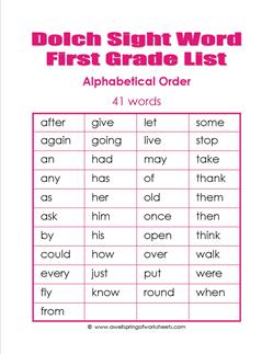1st grade dolch word list - alphabetical order