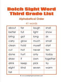 3rd grade dolch word list - alphabetical order