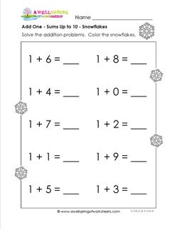 Adding 1 - Snowflakes - Kindergarten Adding Worksheets | A Wellspring