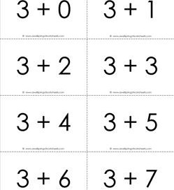 addition flash cards - 3s - sums to 10 - black and white flash cards