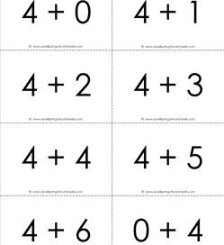 addition flash cards - 4s - sums to 10 - black and white flash cards