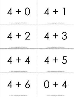 addition flash cards - 4s - sums to 10 - black and white flash cards