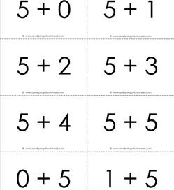 addition flash cards - 5s - sums to 10 - black and white flash cards