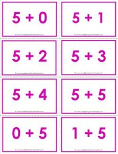 addition flash cards - 5s -sums to 10 - color flash cards