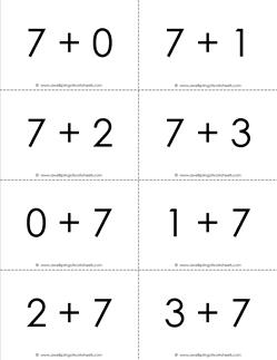 addition flash cards - 7s - sums to 10 - black and white flash cards