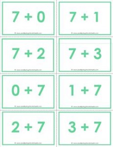 addition flash cards - 7s- sums to 10 - color flash cards