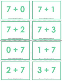 addition flash cards - 7s- sums to 10 - color flash cards