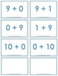 addition flash cards - 9s and 10s - sums to 10 - color