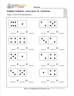 Addition Problems Worksheets - Kindergarten Addition - Dominoes