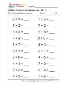 addition problems - sums between 6-10 - 1