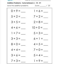 addition problems - sums between 6-10 - 1