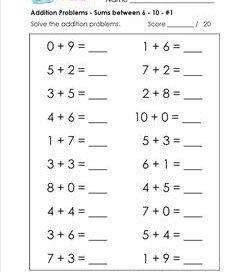 addition problems - sums between 6-10 - 1