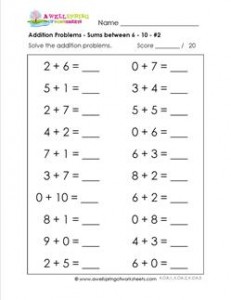 addition problems - sums between 6-10 - 2