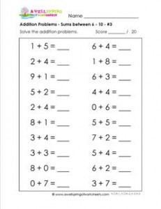 addition problems - sums between 6-10 - 3