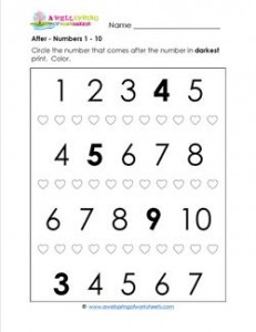 after - Numbers 1-10 - Positional Words Worksheets