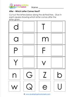 After - Which Letter Comes Next? - Positional Words Worksheets