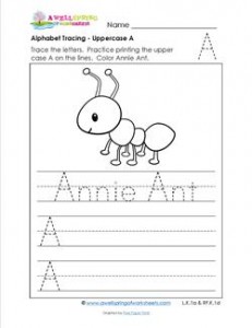 Alphabet Tracing - Uppercase A - Annie Ant - Printing Practice Worksheets