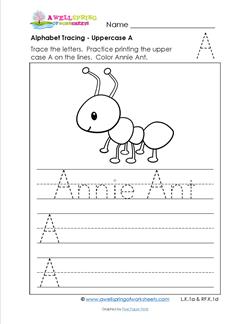 Alphabet Tracing - Uppercase A - Annie Ant - Printing Practice Worksheets