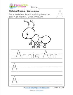 Alphabet Tracing - Uppercase A - Annie Ant - Printing Practice Worksheets