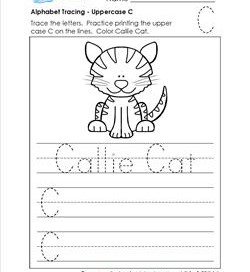 Alphabet Tracing - Uppercase C - Callie Cat - Printing Practice Worksheets