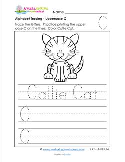 Alphabet Tracing - Uppercase C - Callie Cat - Printing Practice Worksheets