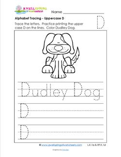 Alphabet Tracing - Uppercase D - Dudley Dog - Printing Practice Worksheets