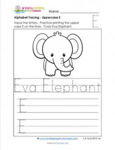 Alphabet Tracing - Uppercase E - Eva Elephant - Printing Practice Worksheets