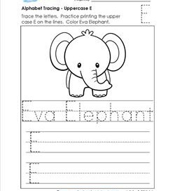 Alphabet Tracing - Uppercase E - Eva Elephant - Printing Practice Worksheets