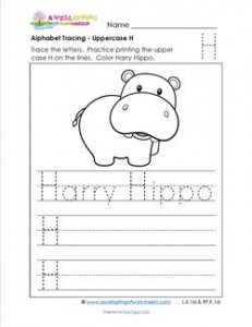 Alphabet Tracing - Uppercase H - Harry Hippo - Printing Practice Worksheets