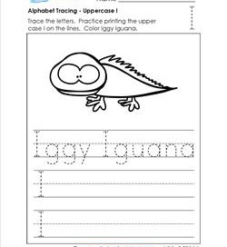 Alphabet Tracing - Uppercase I - Iggy Iguana - Printing Practice Worksheets