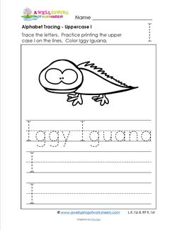 Alphabet Tracing - Uppercase I - Iggy Iguana - Printing Practice Worksheets