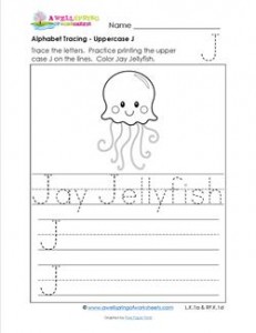Alphabet Tracing - Uppercase J - Jay Jellyfish - Printing Practice Worksheets