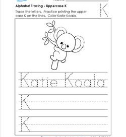 Alphabet Tracing - Uppercase K - Katie Koala - Printing Practice Worksheets