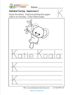 Alphabet Tracing - Uppercase K - Katie Koala - Printing Practice Worksheets