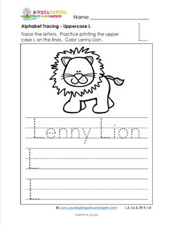 Alphabet Tracing - Uppercase L - Lenny Lion - Printing Practice Worksheets