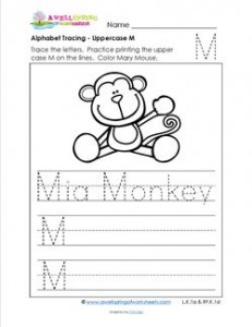 Alphabet Tracing - Uppercase M - Mia Monkey - Printing Practice Worksheets