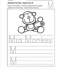 Alphabet Tracing - Uppercase M - Mia Monkey - Printing Practice Worksheets