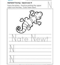 Alphabet Tracing - Uppercase N - Nate Newt - Printing Practice Worksheets