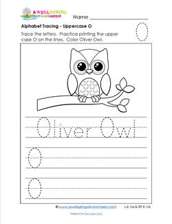 Alphabet Tracing - Uppercase O - Oliver Owl - Printing Practice Worksheets