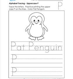 Alphabet Tracing - Uppercase P - Pat Penguin - Printing Practice Worksheets