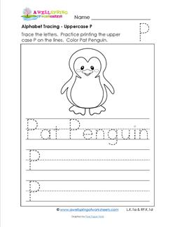 Alphabet Tracing - Uppercase P - Pat Penguin - Printing Practice Worksheets
