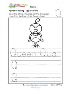 Alphabet Tracing - Uppercase Q - Queen Quail - Printing Practice Worksheets