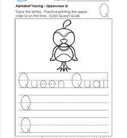 Alphabet Tracing - Uppercase Q - Queen Quail - Printing Practice Worksheets