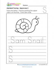 Alphabet Tracing - Uppercase S - Sam Snail - Printing Practice Worksheets