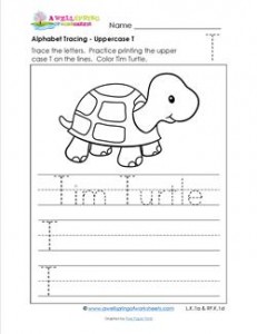 Alphabet Tracing - Uppercase T - Tim Turtle - Printing Practice Worksheets